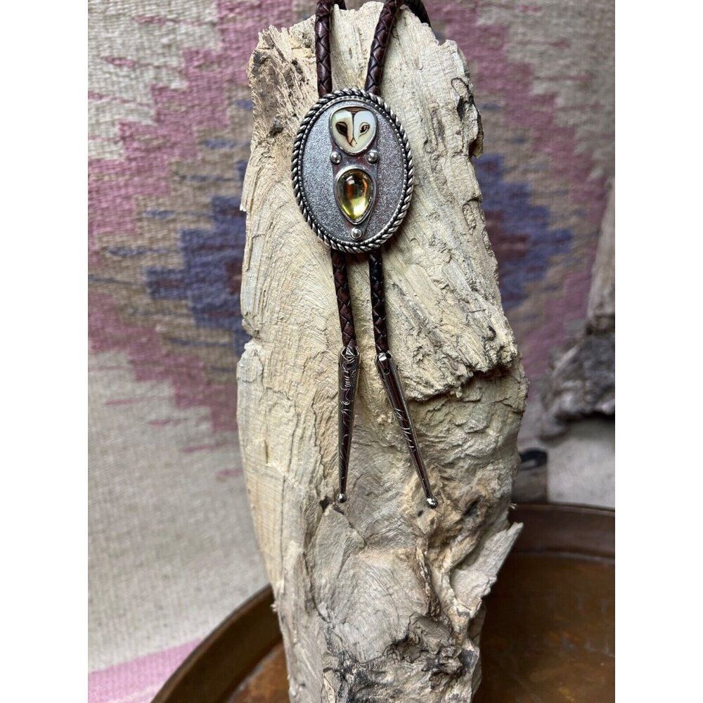 3D Amber Nature OWL Cameo Silver Lariat Black Bolo Tie Wedding Father's Day Dad - Picture 3 of 12